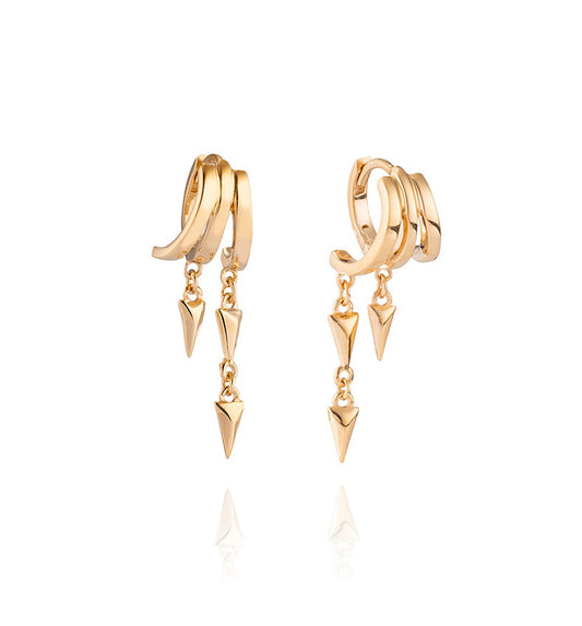 Gold S925 Sterling Silver Lynx Stacked Triple Hoop Huggie Illusion Earrings with pyramid-shaped drops on a white background