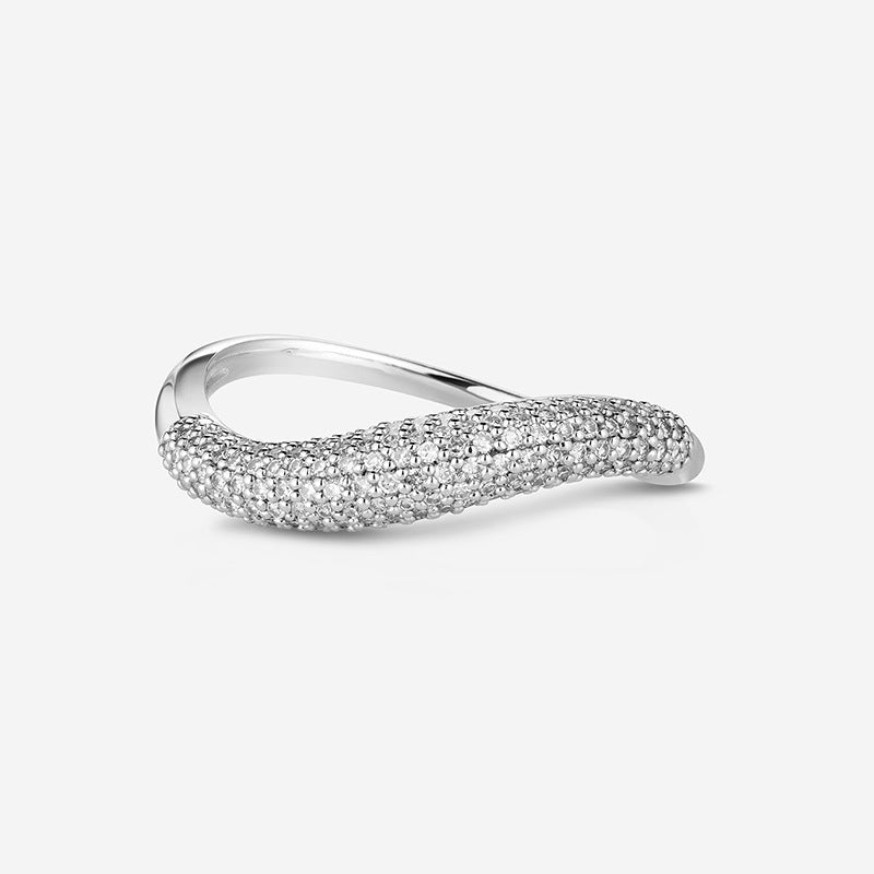 “Flat lay of minimalist S925 sterling silver geometric micro-paved ring for women”