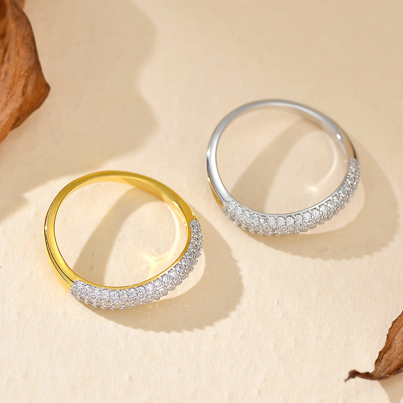 “Close-up of geometric band design with micro-set zircon details on S925 silver ring”