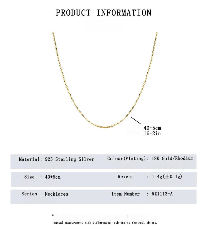 Gold necklace with product information on a white background
