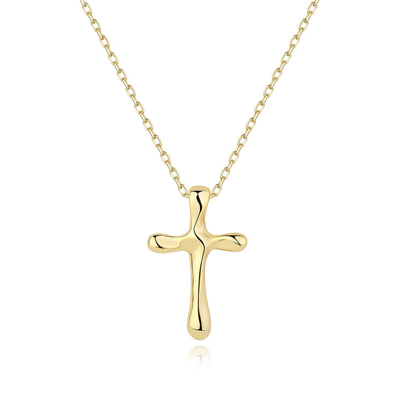 “Flat lay of S925 sterling silver molten cross pendant necklace with irregular texture”