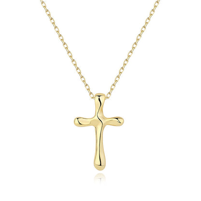 “Flat lay of S925 sterling silver molten cross pendant necklace with irregular texture”