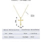 Gold cross necklace with measurements and product details on a white background