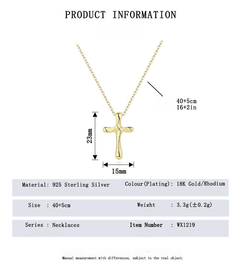 Gold cross necklace with measurements and product details on a white background