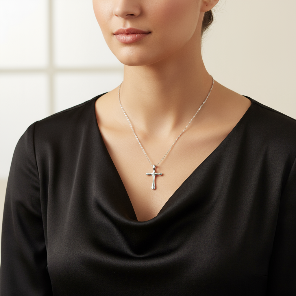 “Woman wearing minimalist sterling silver molten cross pendant necklace”