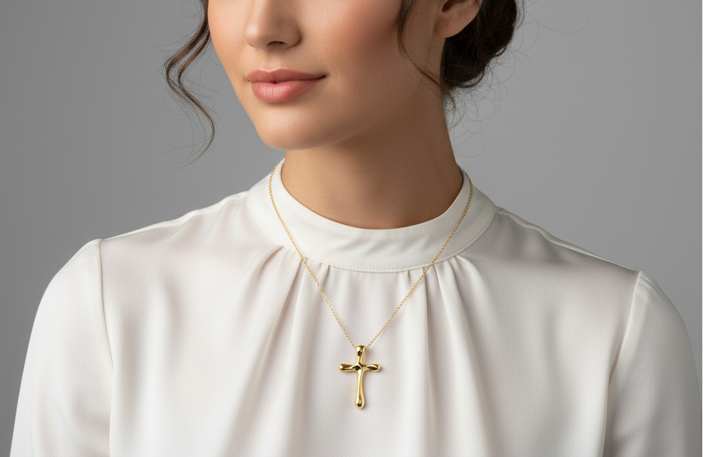 “Woman wearing minimalist sterling silver molten cross pendant necklace”