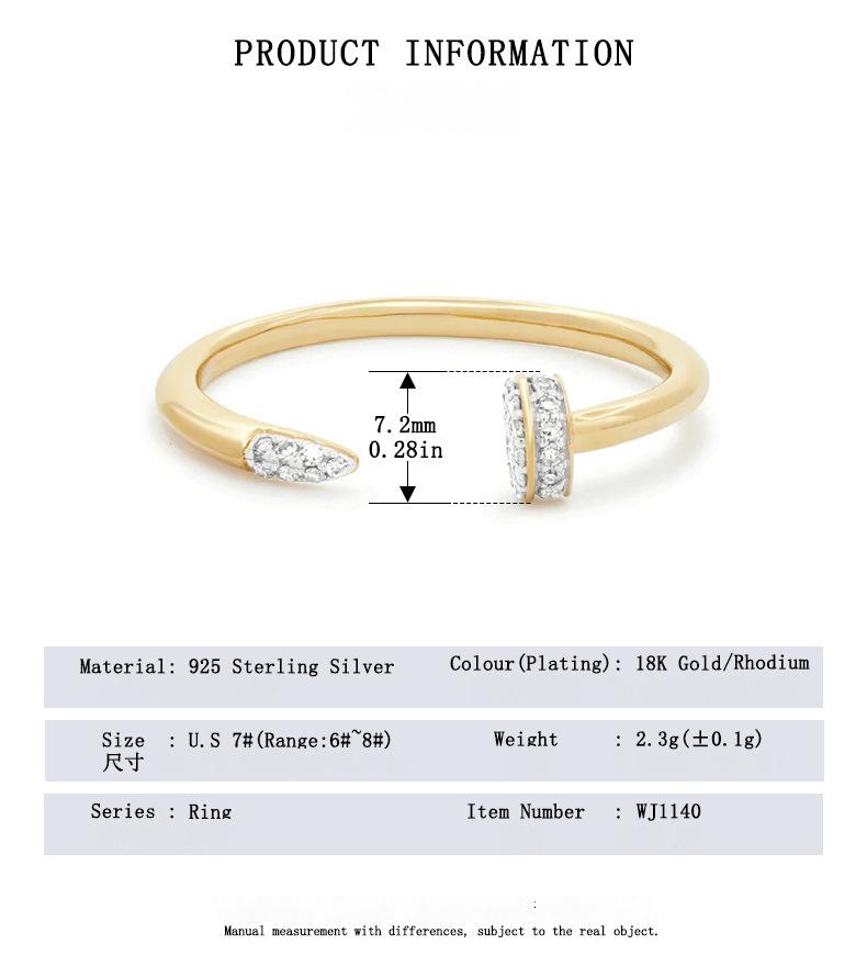 “Model wearing S925 silver nail ring showcasing elegant minimalist sparkle”Gold bracelet with measurement details on a white background