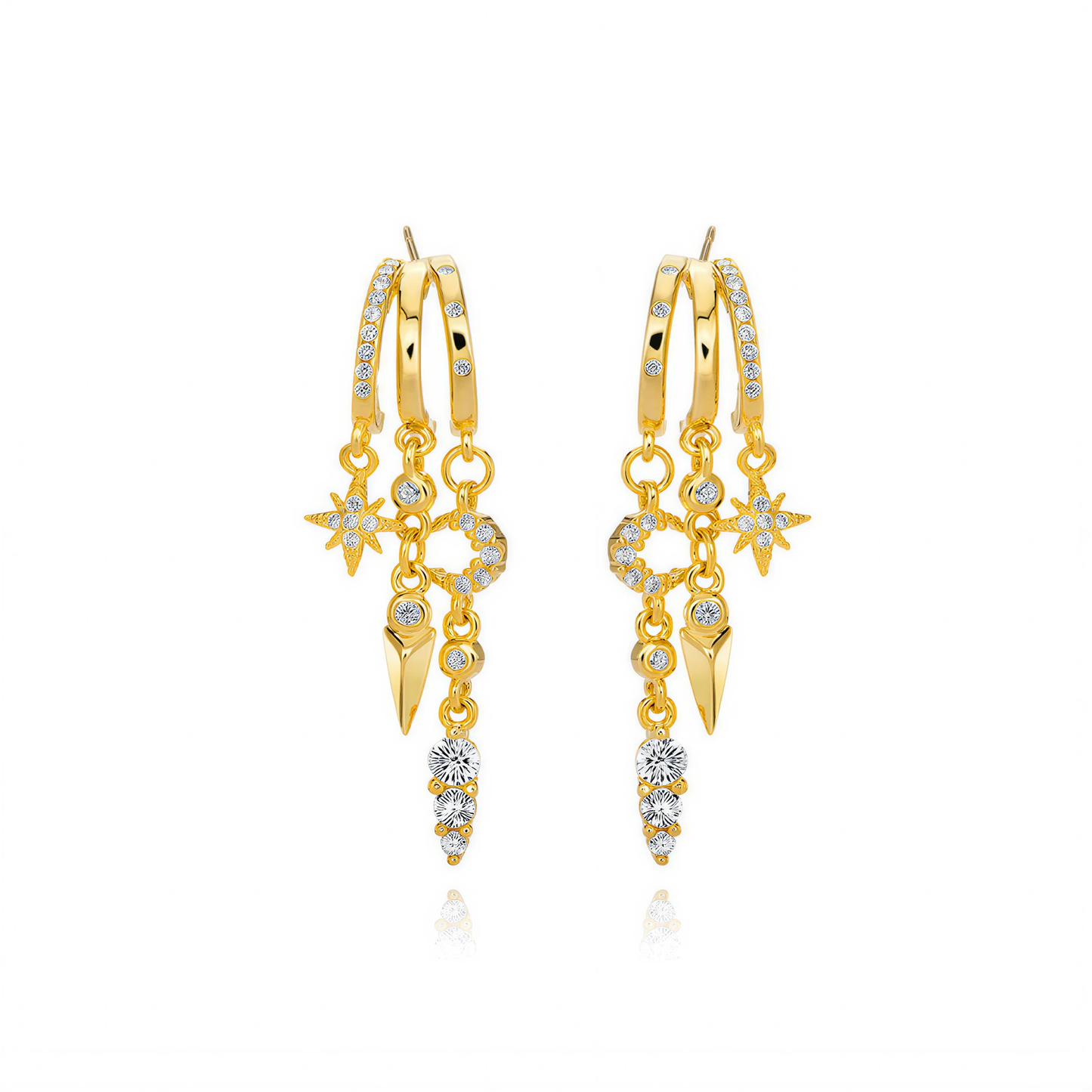 Gold S925 Sterling Silver Nyx Stars & Moon Earringshoop earrings with star and spike designs on a white background