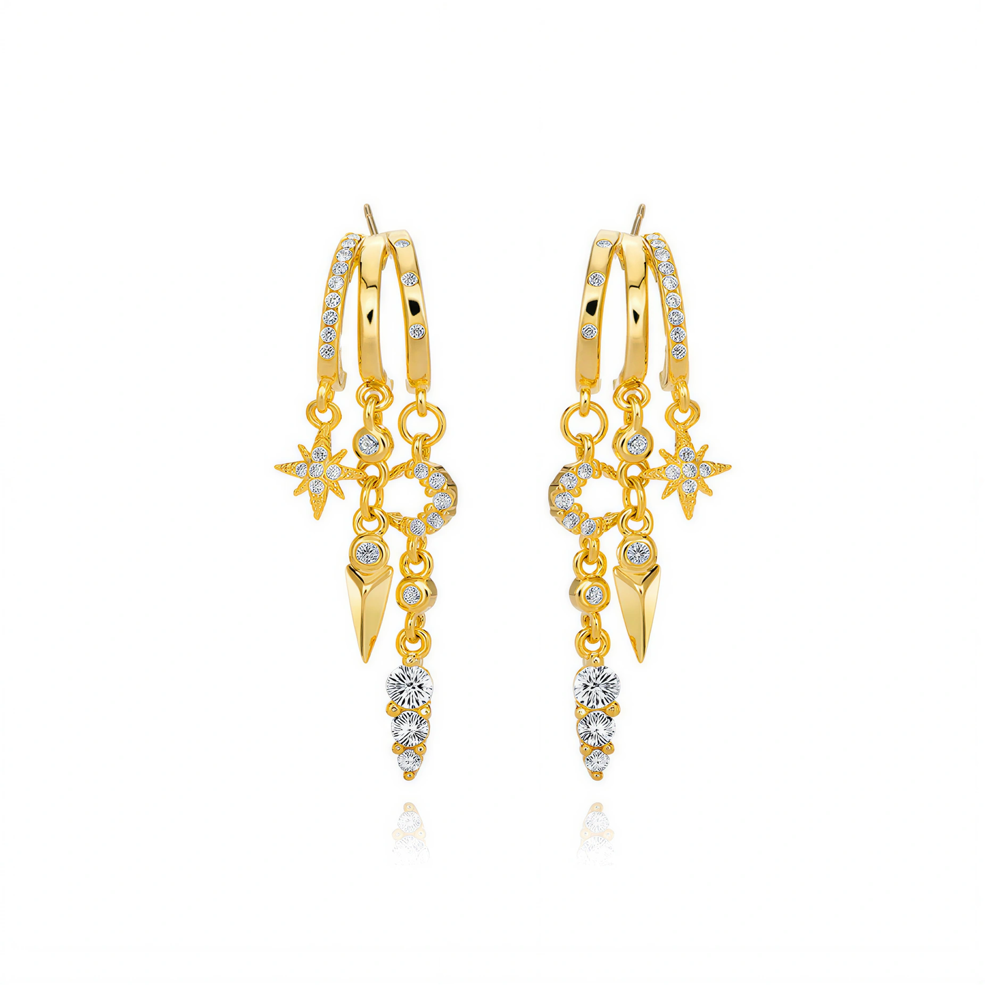 Gold S925 Sterling Silver Nyx Stars & Moon Earringshoop earrings with star and spike designs on a white background