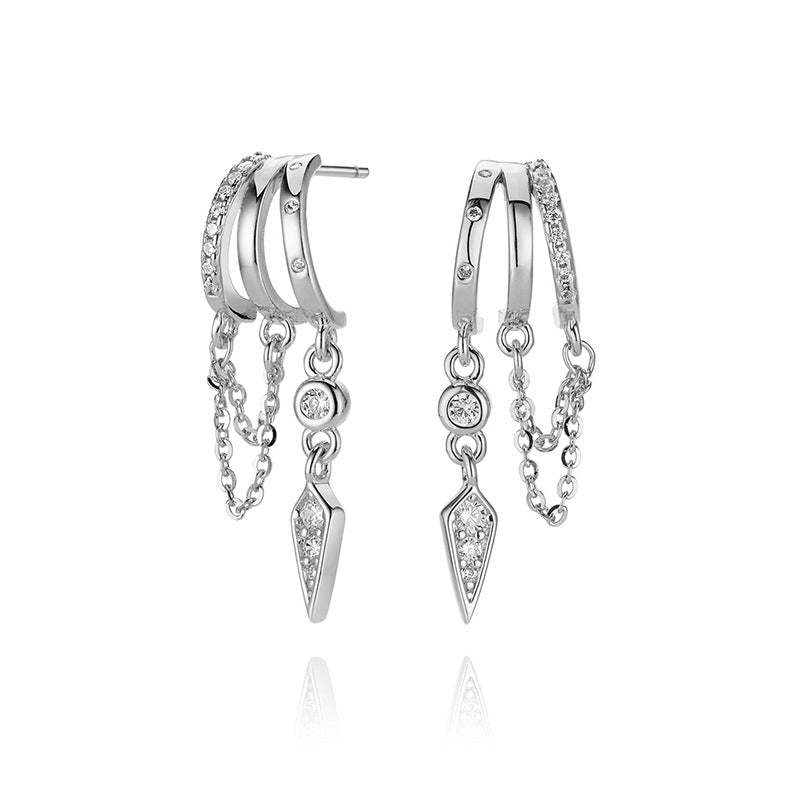 S925 Sterling Silver Palma Charm EarringSilver hoop earrings with chain and gemstone details on a white background