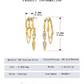Gold hoop S925 Sterling Silver Palma Charm Earringwith chain details and measurement chart on a white background