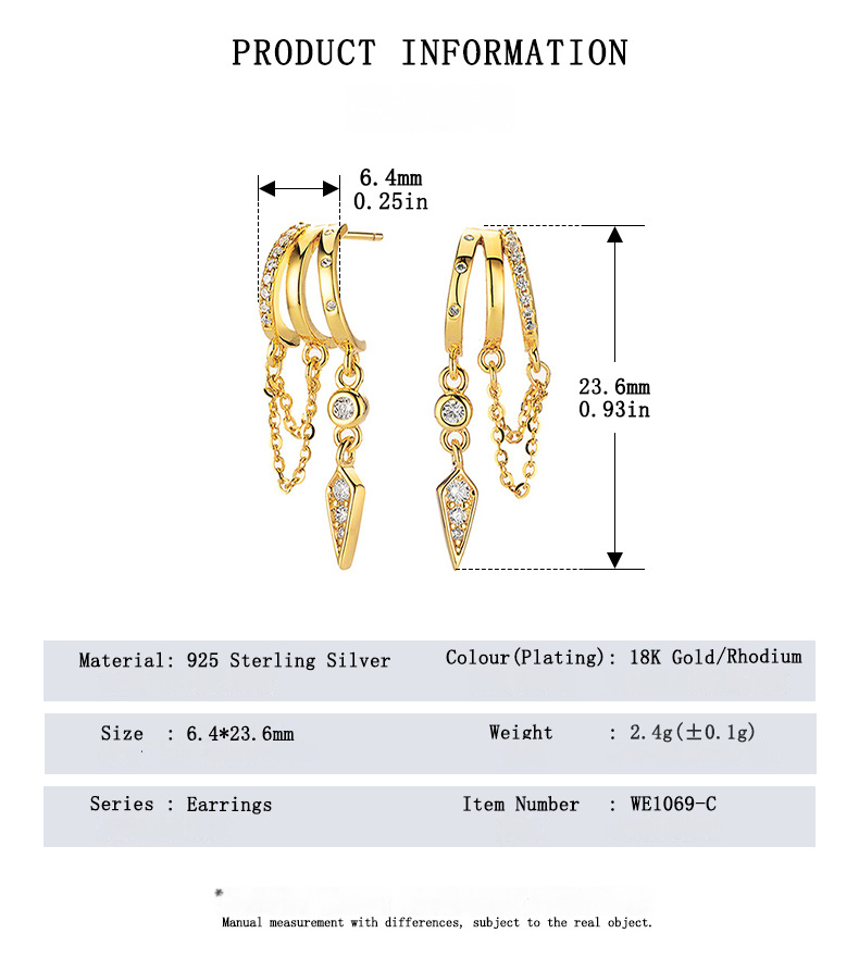 Gold hoop S925 Sterling Silver Palma Charm Earringwith chain details and measurement chart on a white background