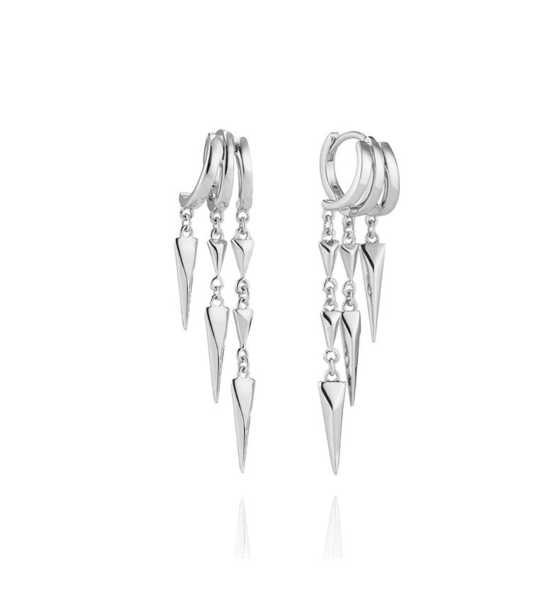 S925 Sterling Silver Paloma Illusion Earrings hoop earrings with dangling triangle pendants on a white background