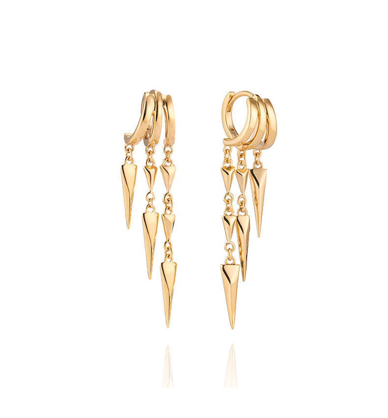 S925 Sterling Silver Paloma Illusion EarringsGold hoop earrings with dangling triangle pendants on a white background