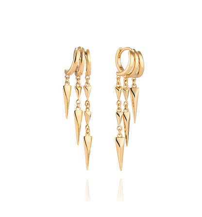 S925 Sterling Silver Paloma Illusion EarringsGold hoop earrings with dangling triangle pendants on a white background