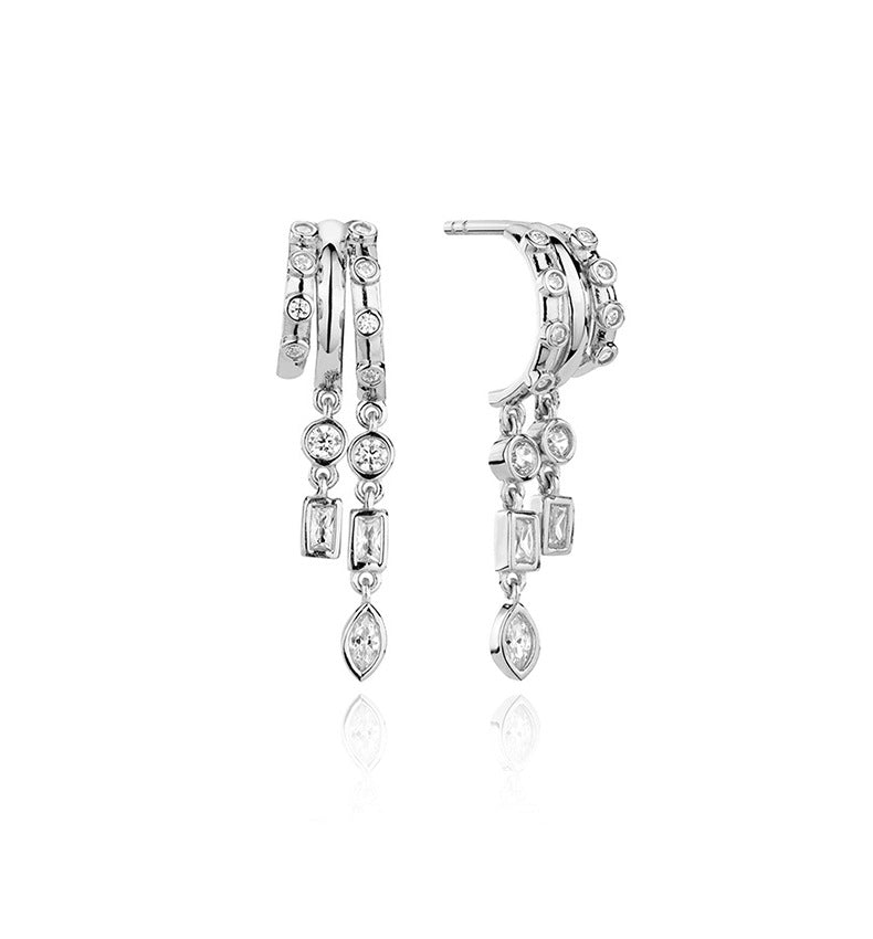S925 Sterling Silver Petra Stacked Illusion EarringsSilver hoop earrings with clear gemstones on a white background