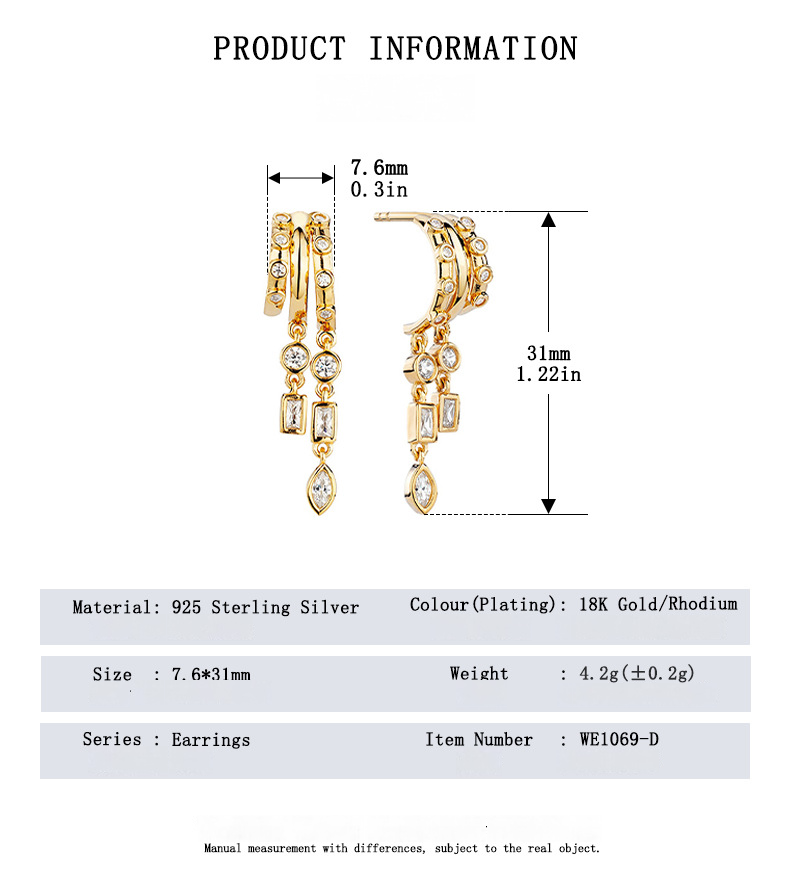 S925 Sterling Silver Petra Stacked Illusion EarringsGold earrings with measurement details on a white background