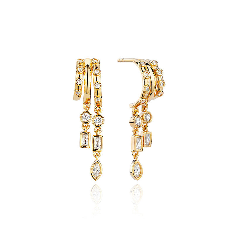 S925 Sterling Silver Petra Stacked Illusion Earringsd hoop earrings with diamond-like stones on a white background