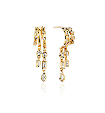 S925 Sterling Silver Petra Stacked Illusion Earringsd hoop earrings with diamond-like stones on a white background