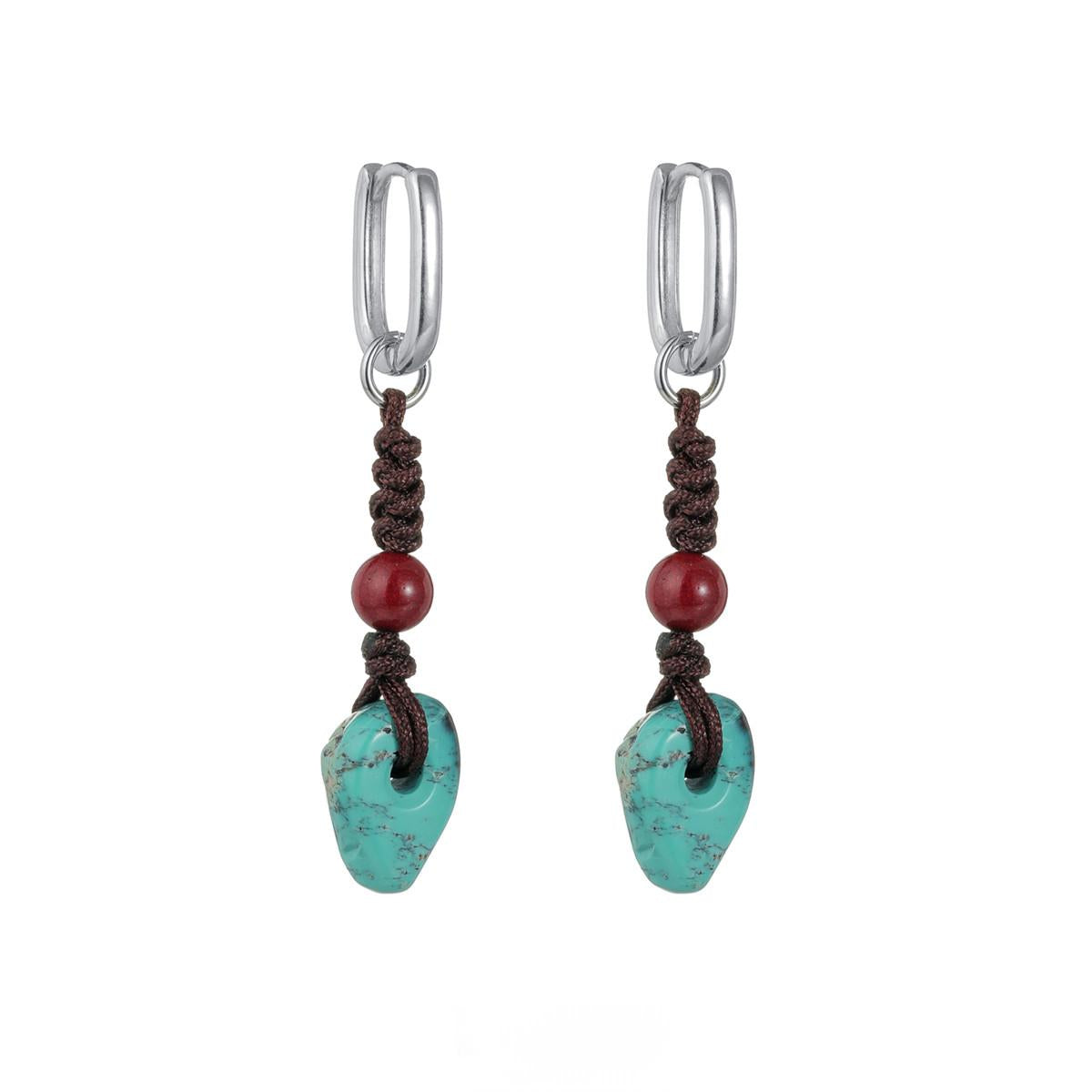 “S925 silver raw turquoise and cinnabar earrings – Tibetan ethnic flat lay”