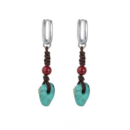 “S925 silver raw turquoise and cinnabar earrings – Tibetan ethnic flat lay”