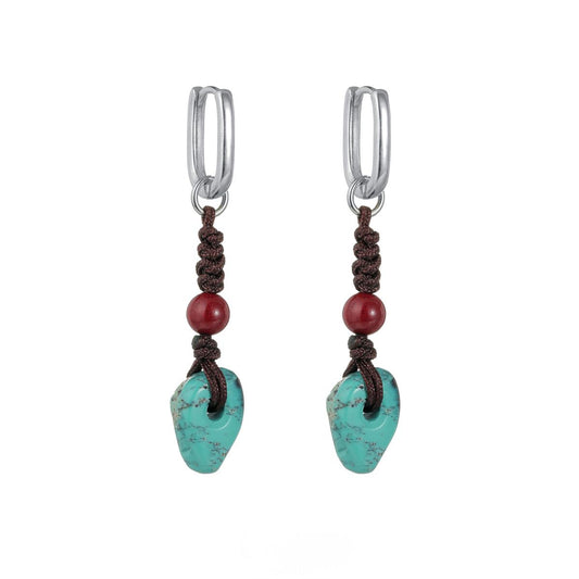 “S925 silver raw turquoise and cinnabar earrings – Tibetan ethnic flat lay”
