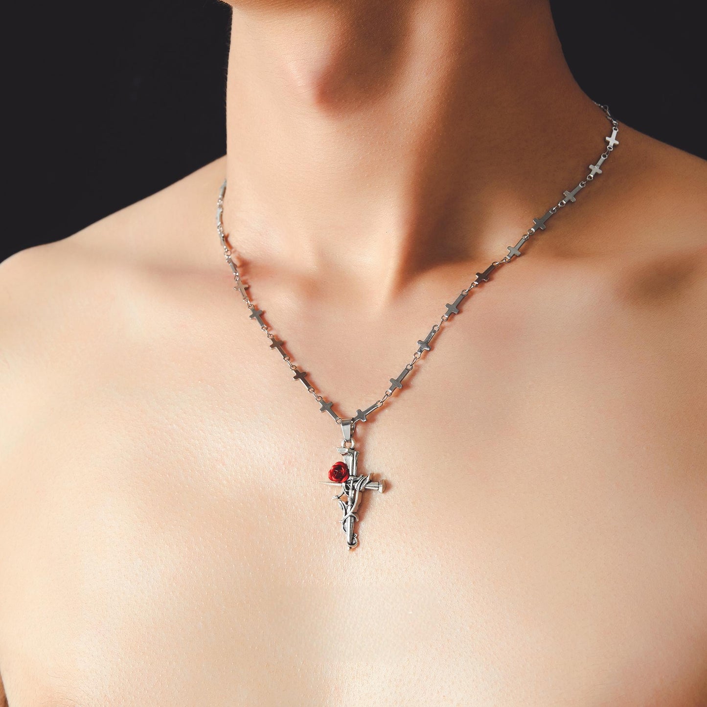 “men’s streetwear silver cross necklace with rose motif”