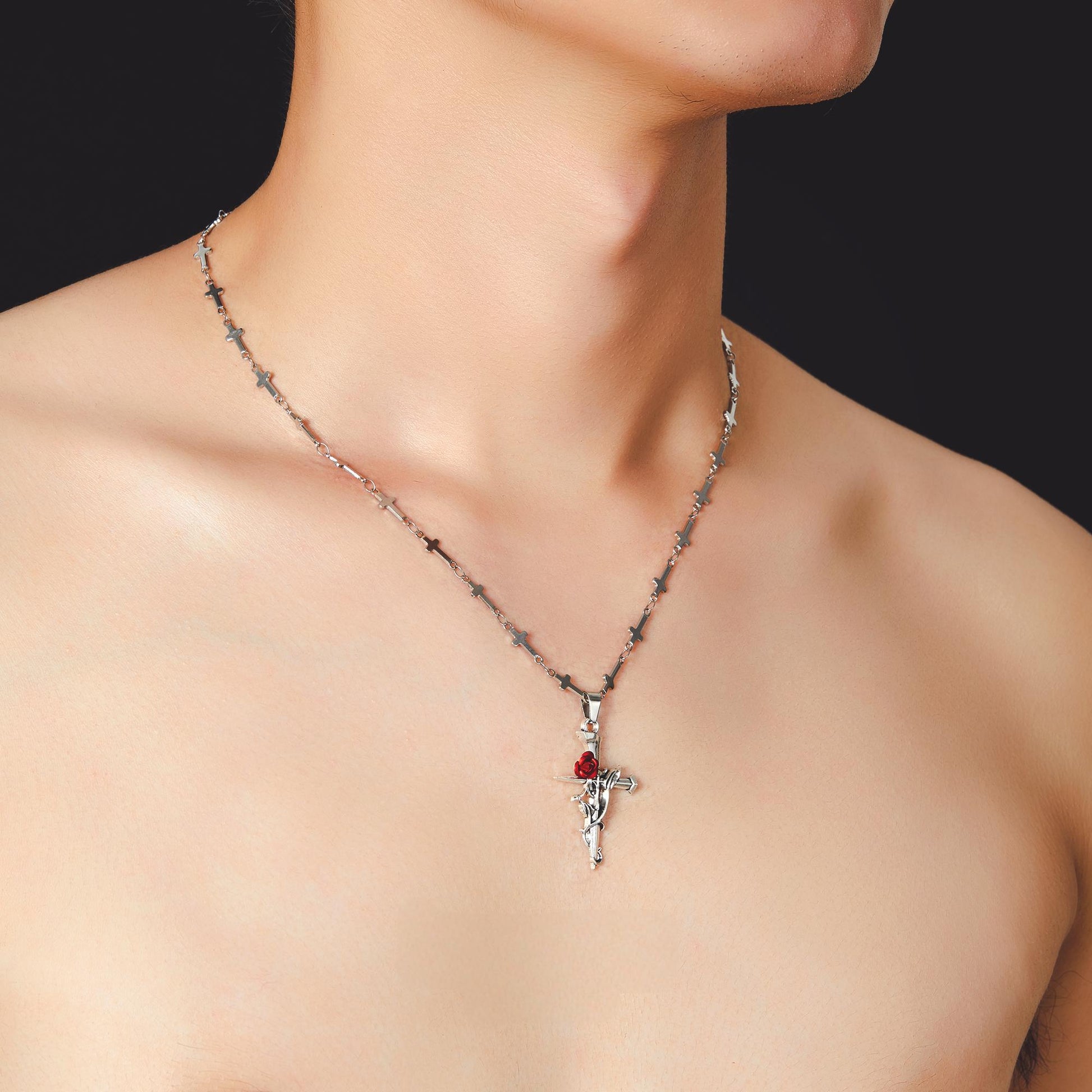 “men’s streetwear silver cross necklace with rose motif”