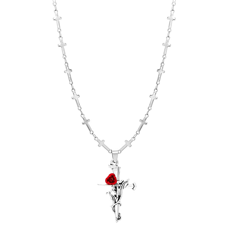 “sterling silver rose cross necklace for men gothic design”