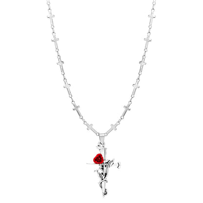 “sterling silver rose cross necklace for men gothic design”
