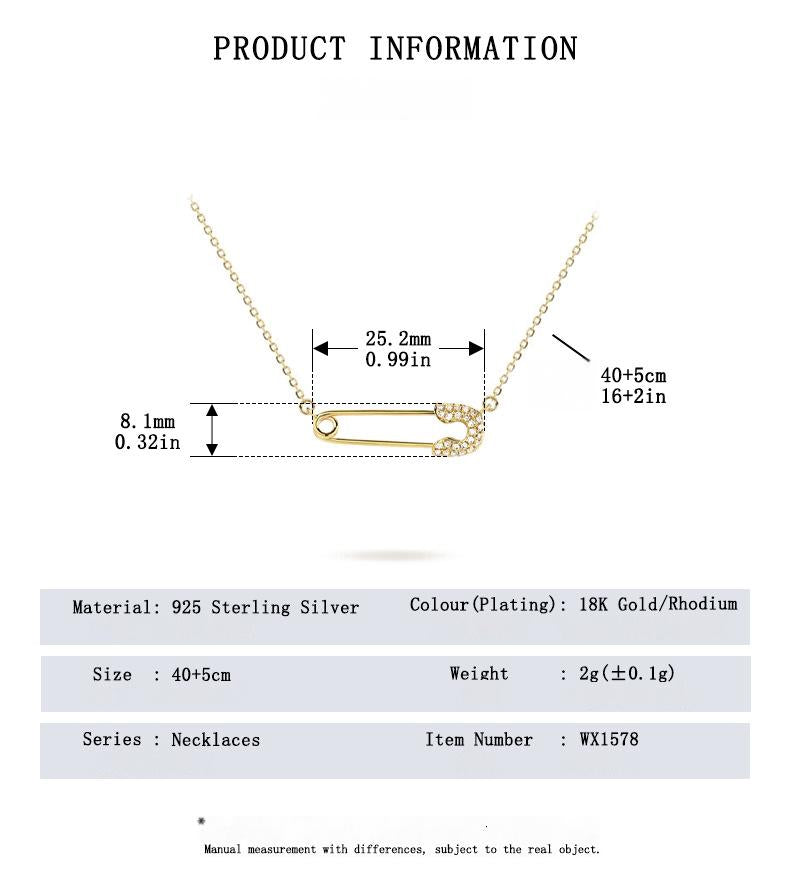 Gold necklace with measurement details on a white background