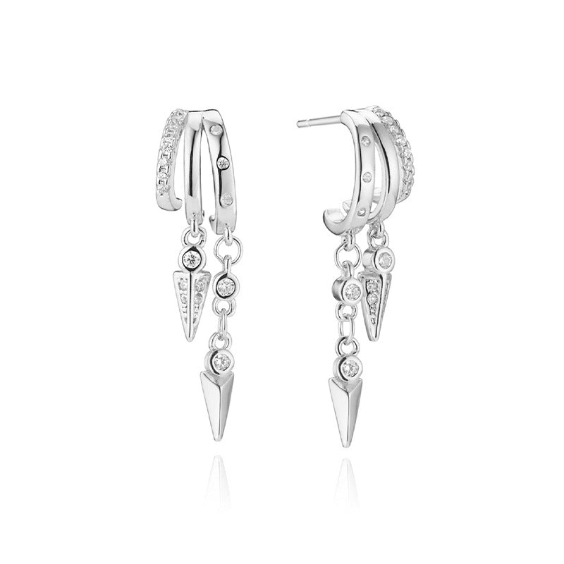 S925 Sterling Silver Sienna EarringsSilver hoop earrings with spike and arrowhead charms on a white background