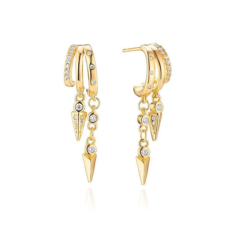 Gold hoop S925 Sterling Silver Sienna Earrings with spike and diamond-like stone designs on a white background
