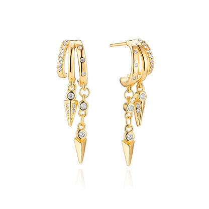 Gold hoop S925 Sterling Silver Sienna Earrings with spike and diamond-like stone designs on a white background