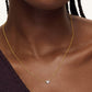 “Female model wearing sliding heart necklace with sparkling zircon pendant”