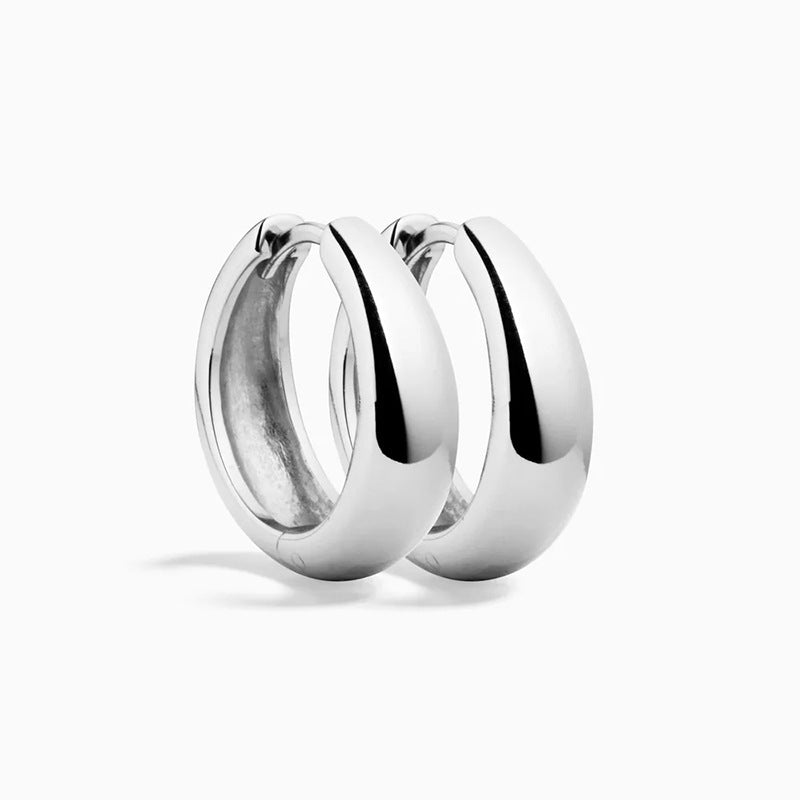 S925 Sterling Silver Smooth Thick Hoop Earrings on White Background