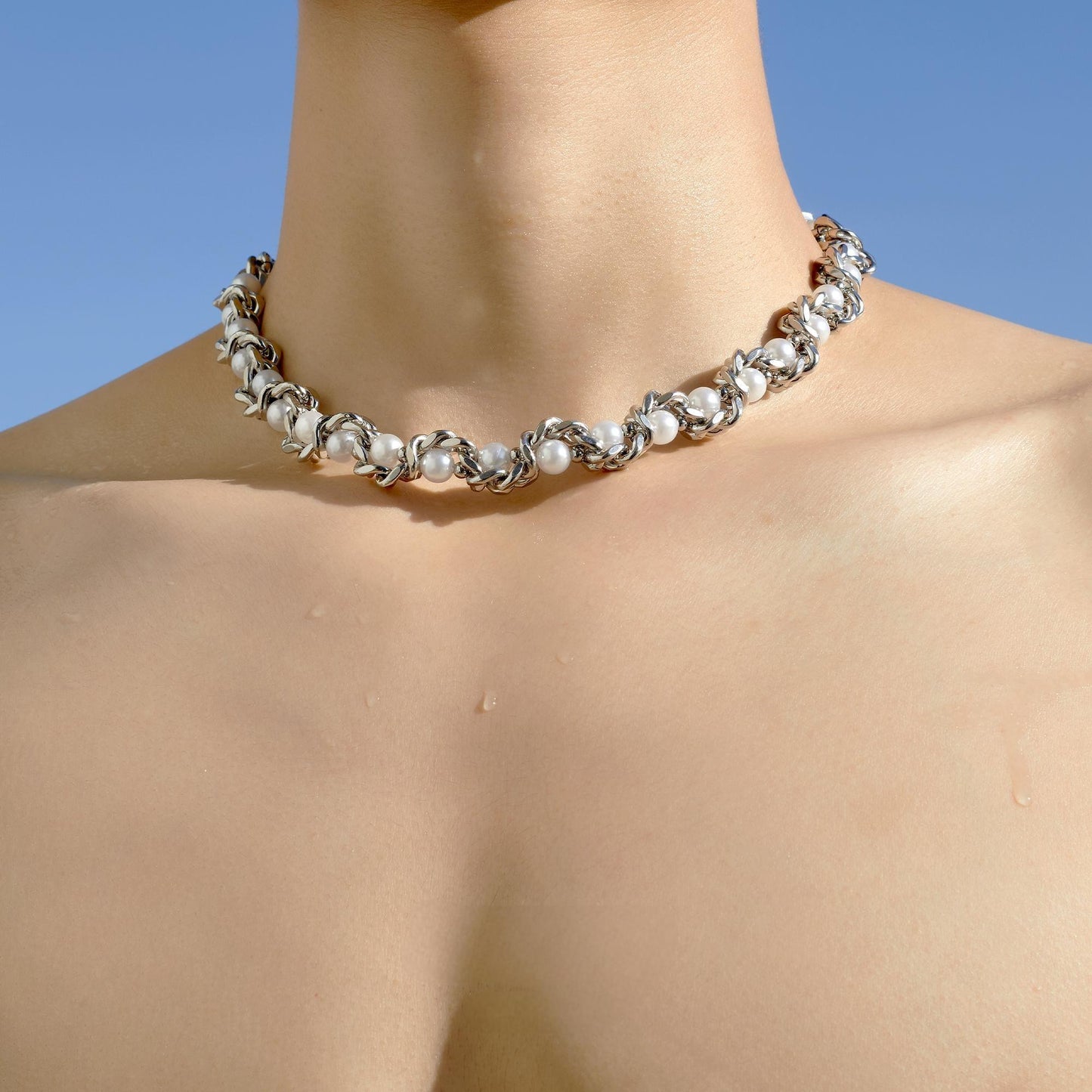 “sterling silver snake-inspired layered choker with cuban and pearl chain”