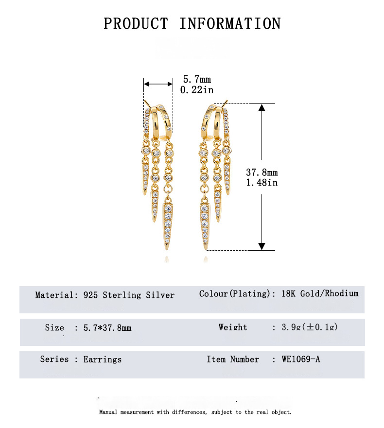 S925 Sterling Silver Spike Stud EarringsGold hoop earrings with measurement details on a white background
