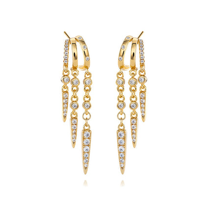S925 Sterling Silver Spike Stud Earringshoop earrings with dangling diamond accents on a white background