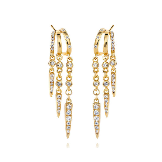 S925 Sterling Silver Spike Stud Earringshoop earrings with dangling diamond accents on a white background