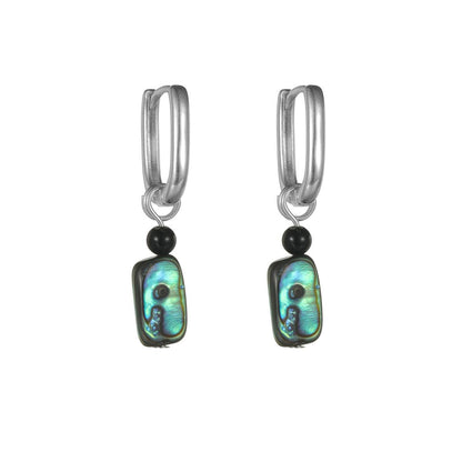 “Square black obsidian earrings in S925 sterling silver – flat lay view”
