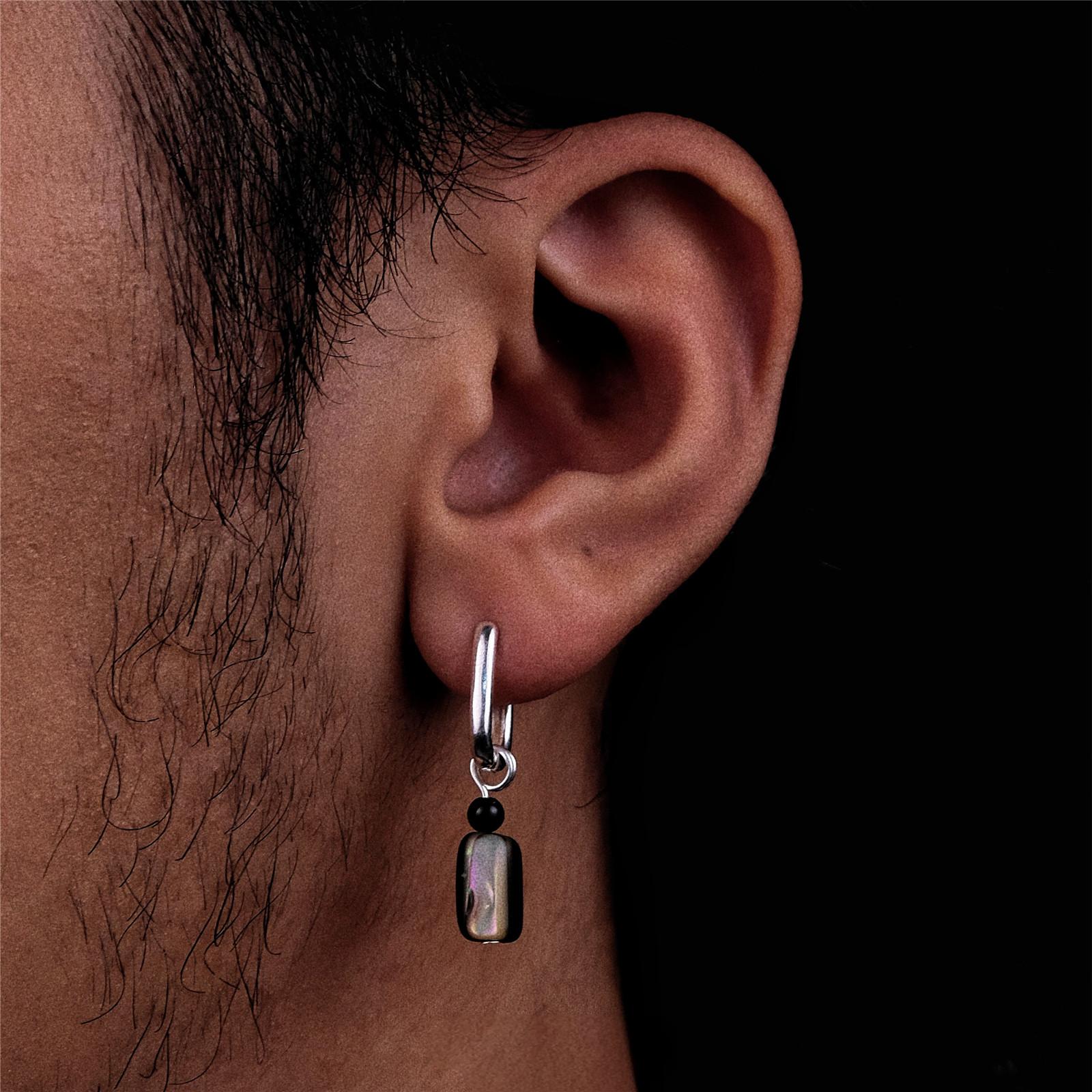 “Unisex black obsidian earrings styled on model – minimalist vintage look”