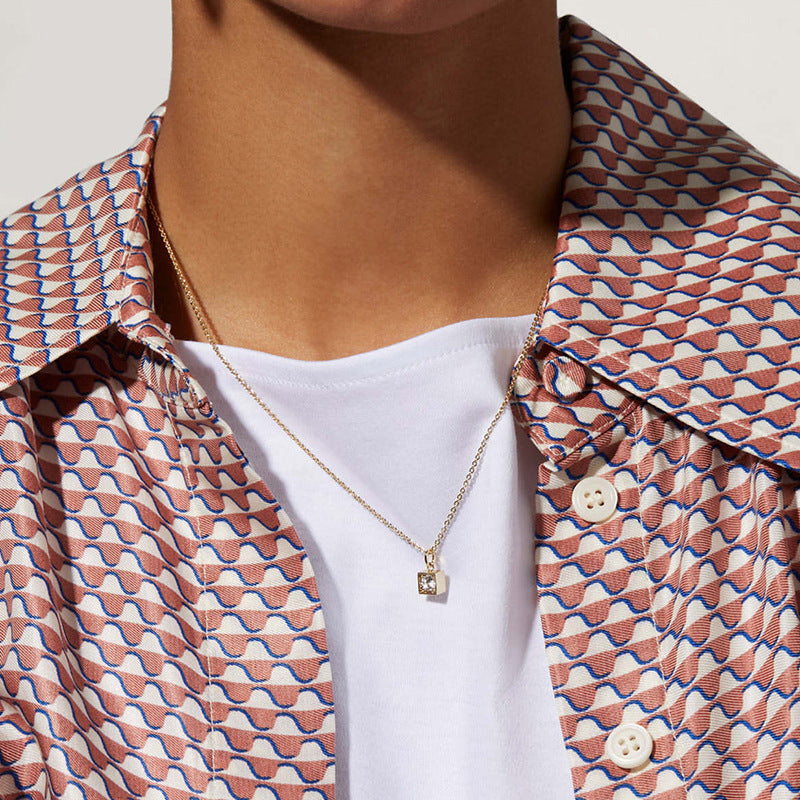 Woman Wearing Minimalist Silver Square Pendant Necklace