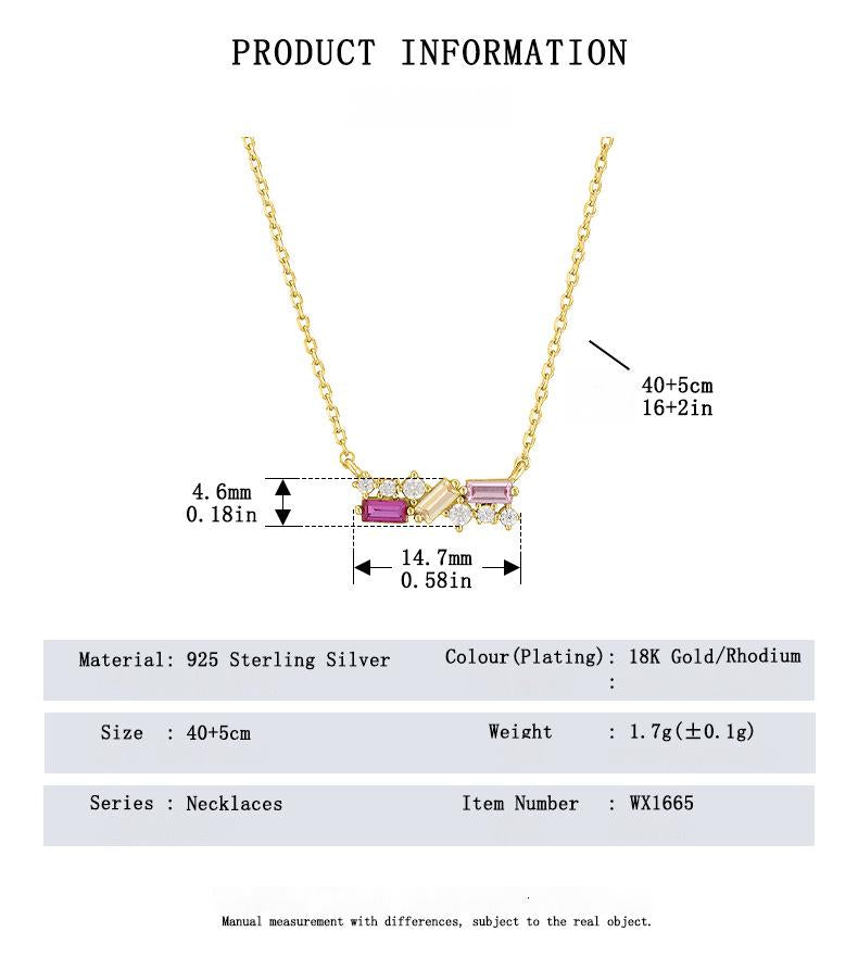 Gold necklace with gemstones and measurement details on a white background