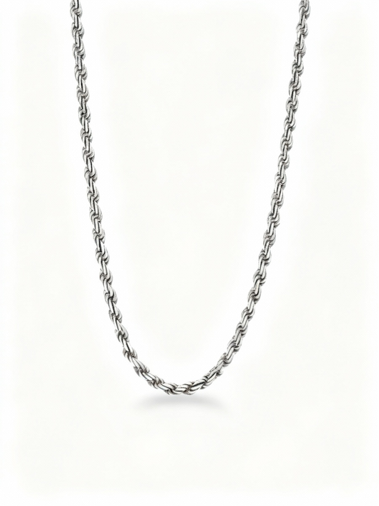 Silver chain necklace on a white background