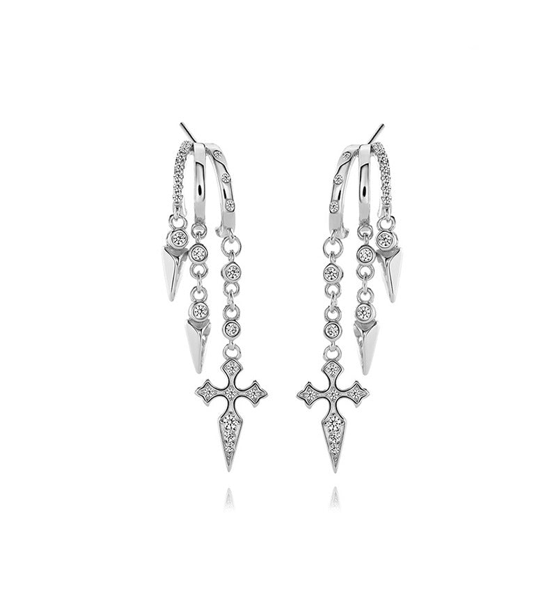 S925 Sterling Silver Vermeil Naxos Illusion EarringsPair of silver earrings with cross designs on a white background