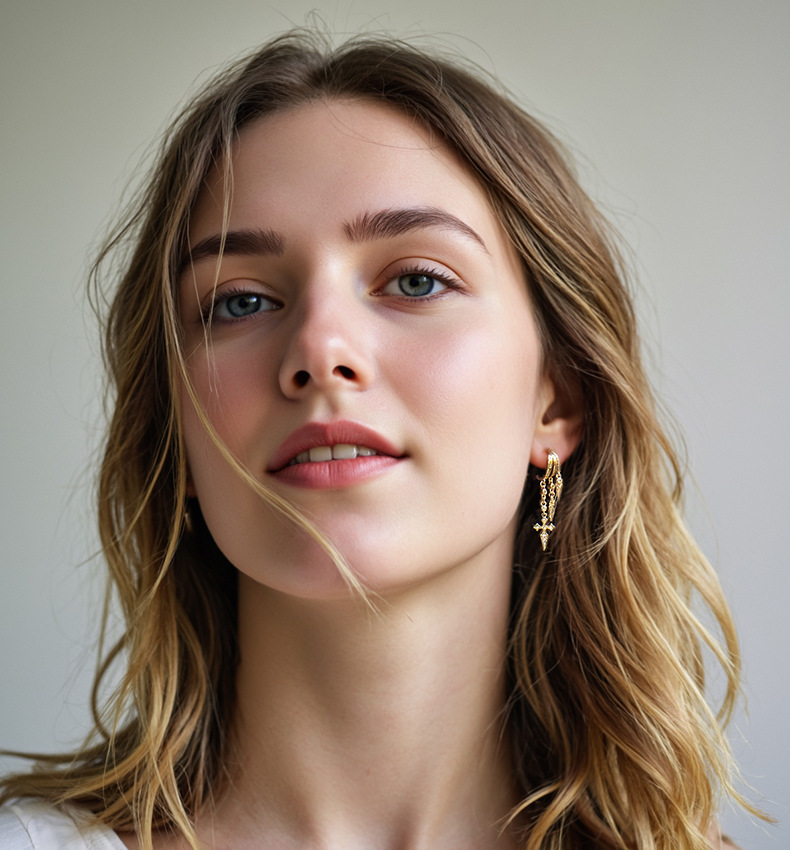 Close-up of a woman with blonde hair and earrings against a neutral backgroundS925 Sterling Silver Vermeil Naxos Illusion Earrings