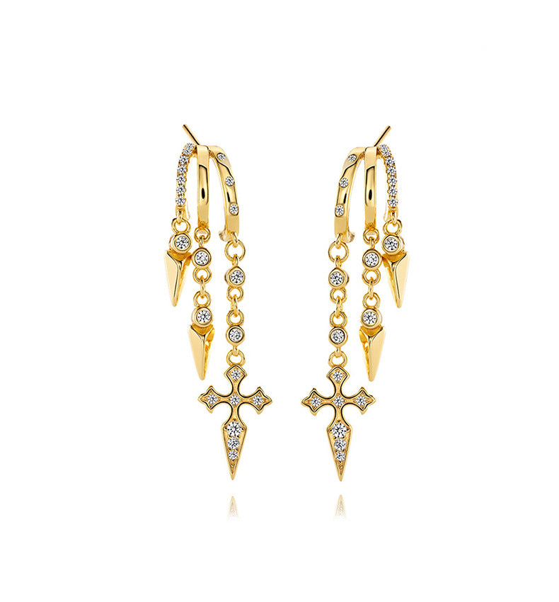 Gold S925 Sterling Silver Vermeil Naxos Illusion Earringswith cross designs and small diamonds on a white background