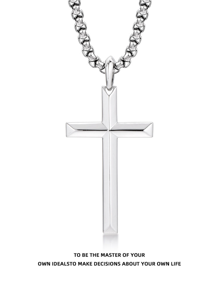 “Men’s sterling silver cross necklace flat lay photo”