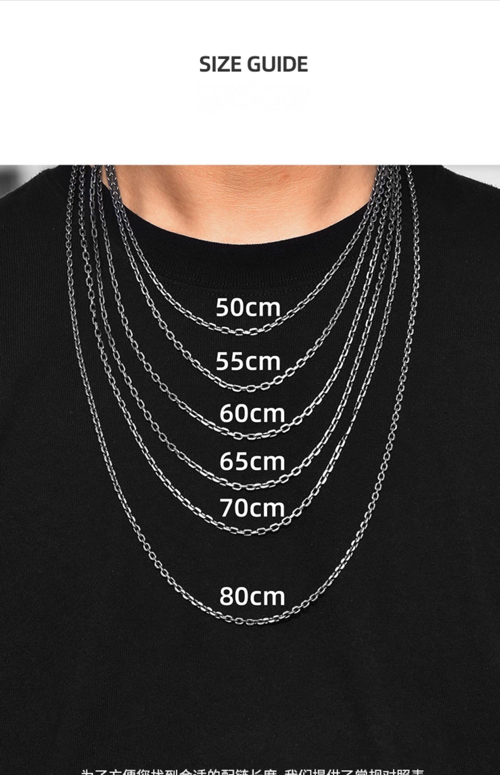 “Silver cross pendant size chart and chain length guide”